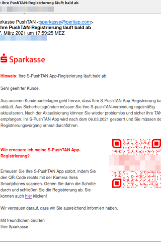 Interessant ist, dass die Täter einen QR-Code beigefügt haben, der mit aktuellen Smartphones in der Regel problemlos über die Fotoapp oder QR-Scanner gescannt werden kann. 