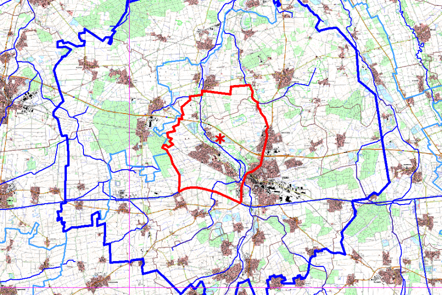 In einem Umkreis von drei Kilometern wurde ein Sperrbezirk (rot) eingerichtet, im Umkreis von zehn Kilometern (blau) eine Beobachtungszone.