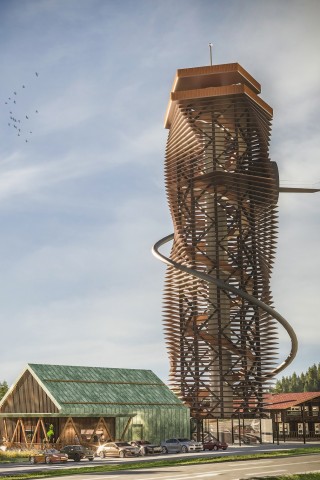 So wie in dieser künstlerischen Darstellung soll der neue Harzturm samt 110 Meter langer Rutsche einmal aussehen. Im Frühjahr 2022 soll der Turm in Torfhaus eröffnen.