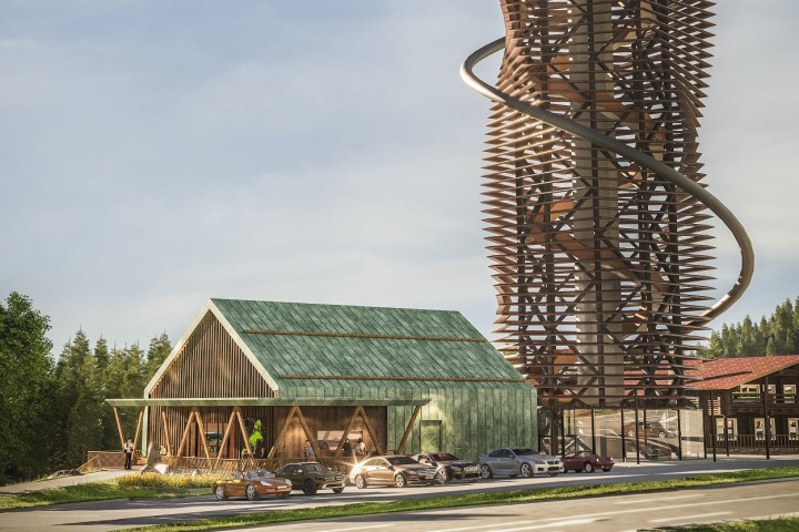 So wie in dieser künstlerischen Darstellung soll der neue Harzturm samt 110 Meter langer Rutsche einmal aussehen. Im Frühjahr 2022 soll der Turm in Torfhaus eröffnen.