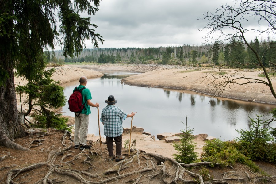 Ganz schön leer: Wanderer stehen an der Talsperre Oderteich im Nationalpark Harz.