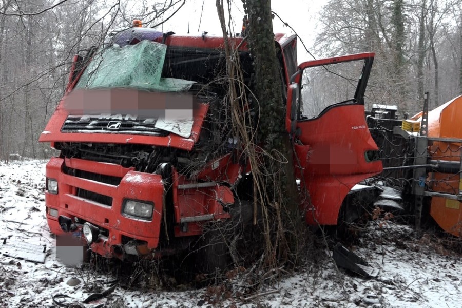 Ein Lkw-Fahrer aus Braunschweig ist mit seinem Sattelschlepper von der Straße abgekommen und gegen einen Baum gekracht. Er wurde verletzt. 