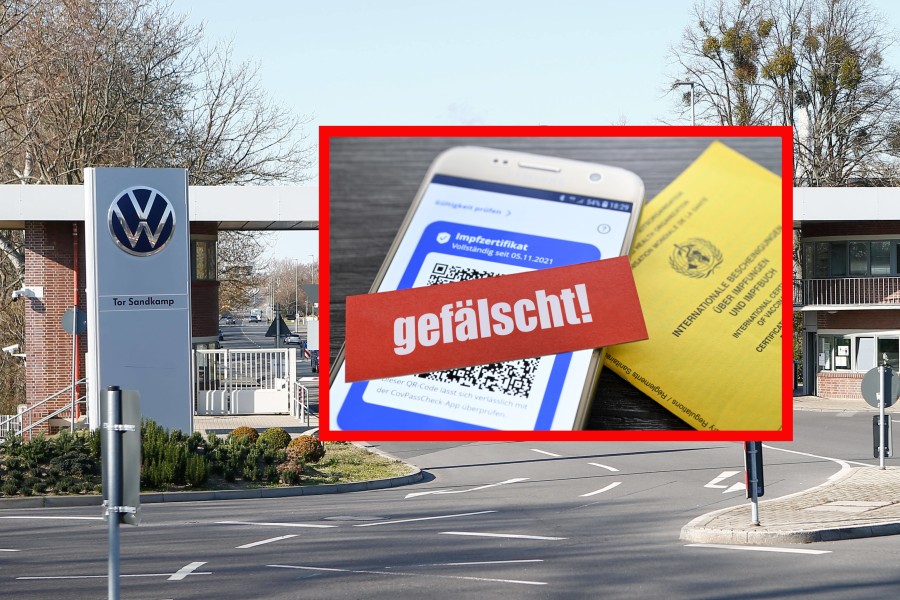 Bei VW in Wolfsburg gilt 3G. Doch gibt es viele Mitarbeiter, die versuchen, mit einem gefälschten Imfpass aufs Werkgelände zu kommen? (Symbolbild/Montage)
