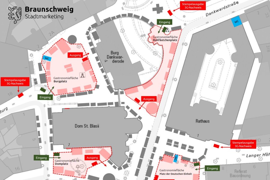 Vier Gastronomieflächen mit jeweils einem Ein- und einem Ausgang, drei Stempelstellen und 123 Stände sind bei der Standplanung für den Braunschweiger Weihnachtsmarkt 2021 vorgesehen.
