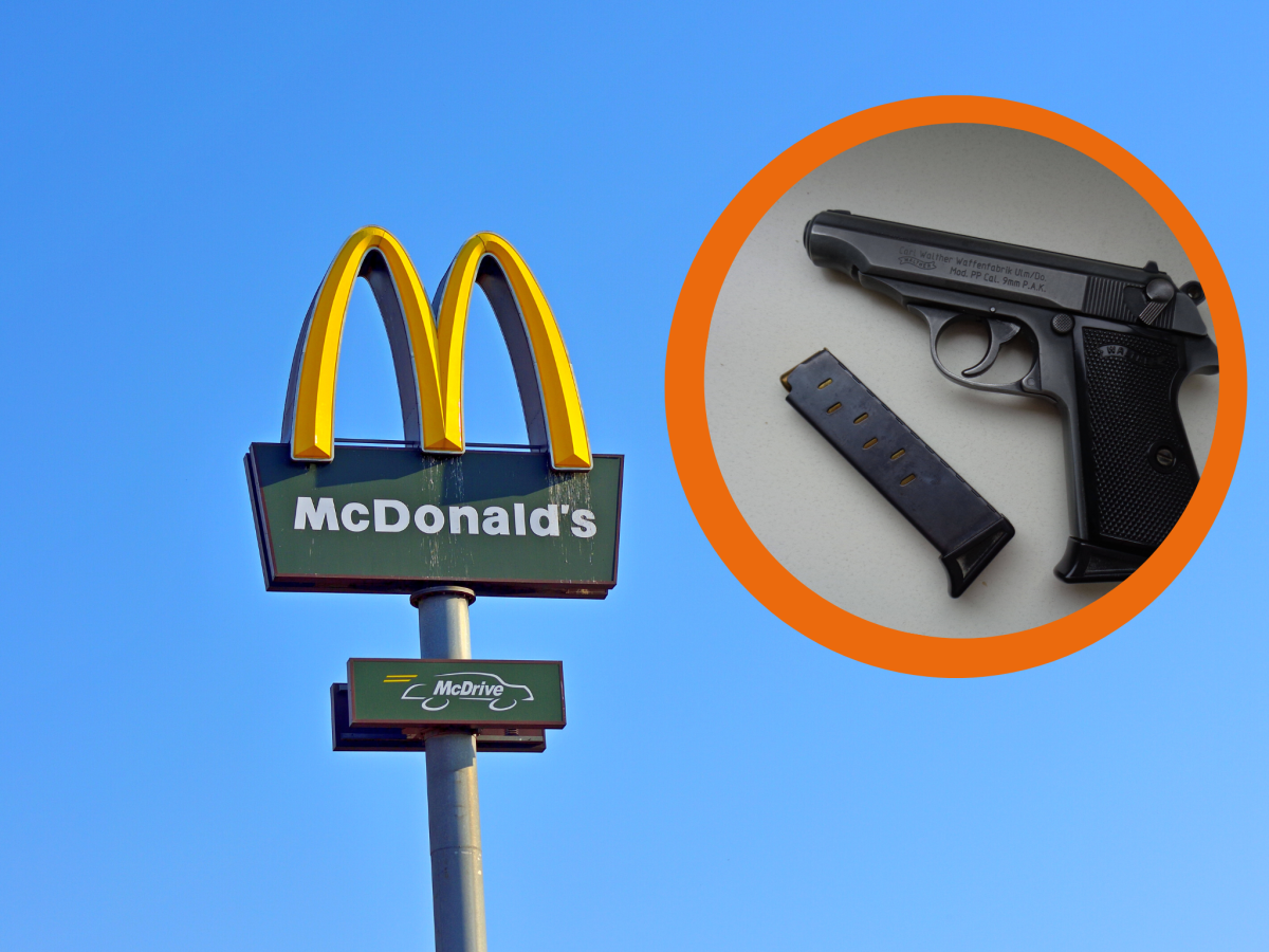 McDonalds Logo mit Waffe in der Ecke