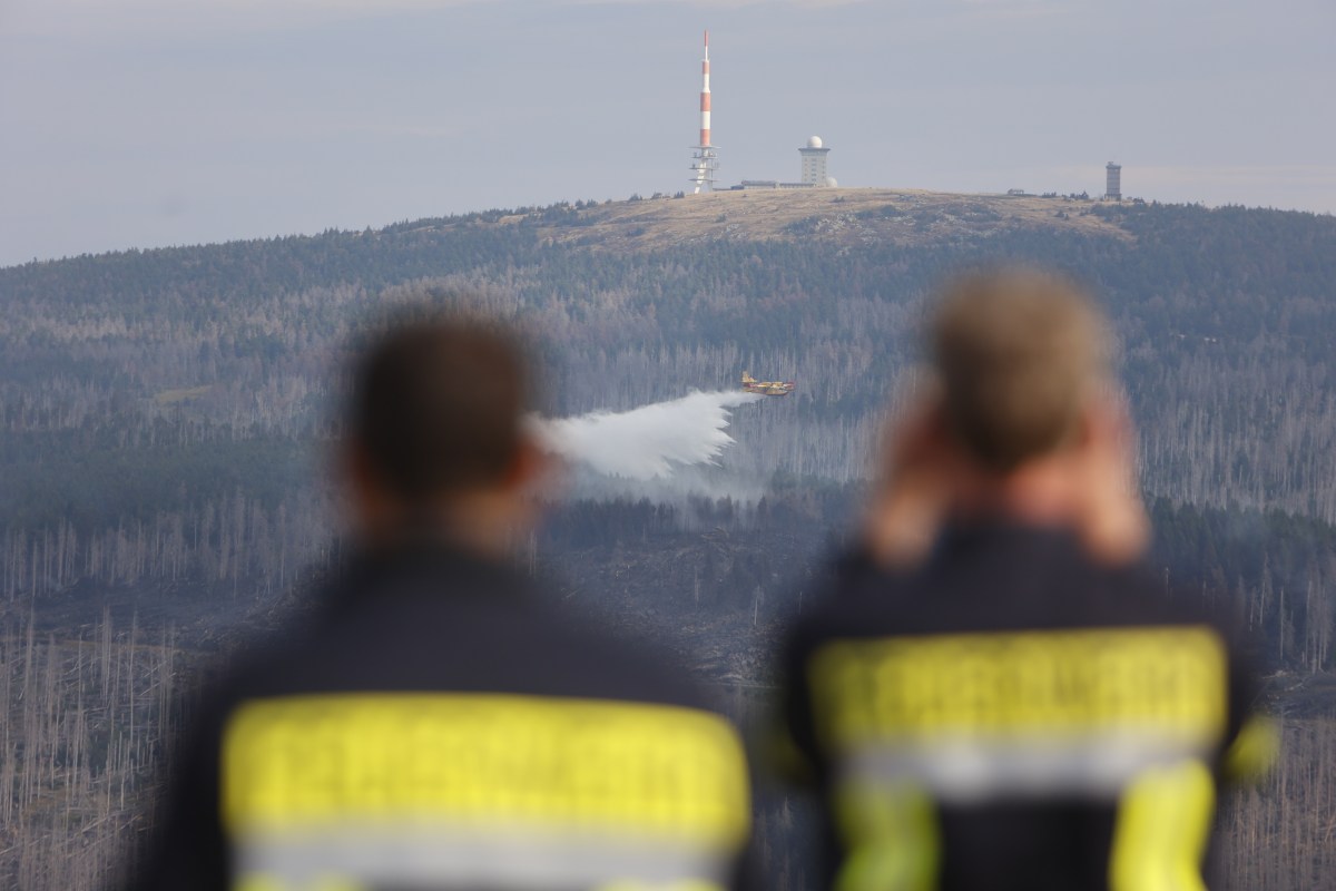 Harz Feuerwehrmänner beobachten Löschflugzeug am Brocken