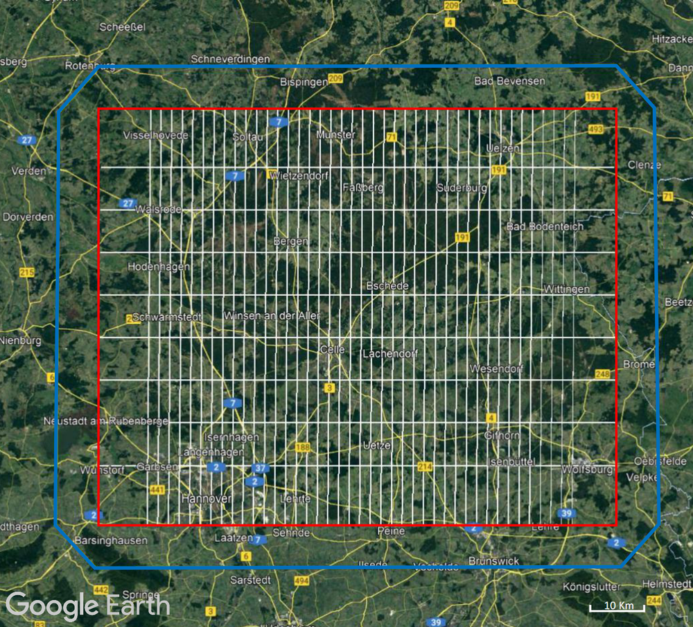 Eine Karte des Gebiets, das von der Messung erfasst wird. Das Bildmaterial stammt von Google Earth.