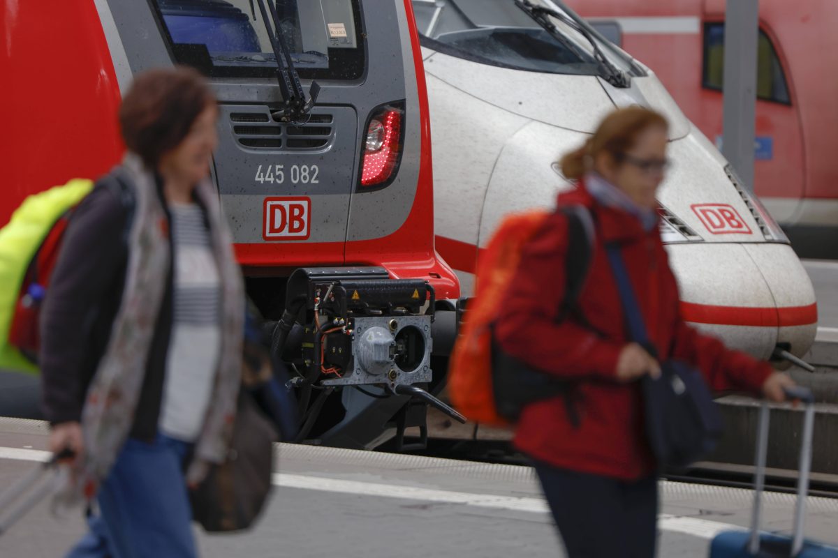 Züge der Deutschen Bahn am Gleis, Fahrgäste mit Gepäck davor