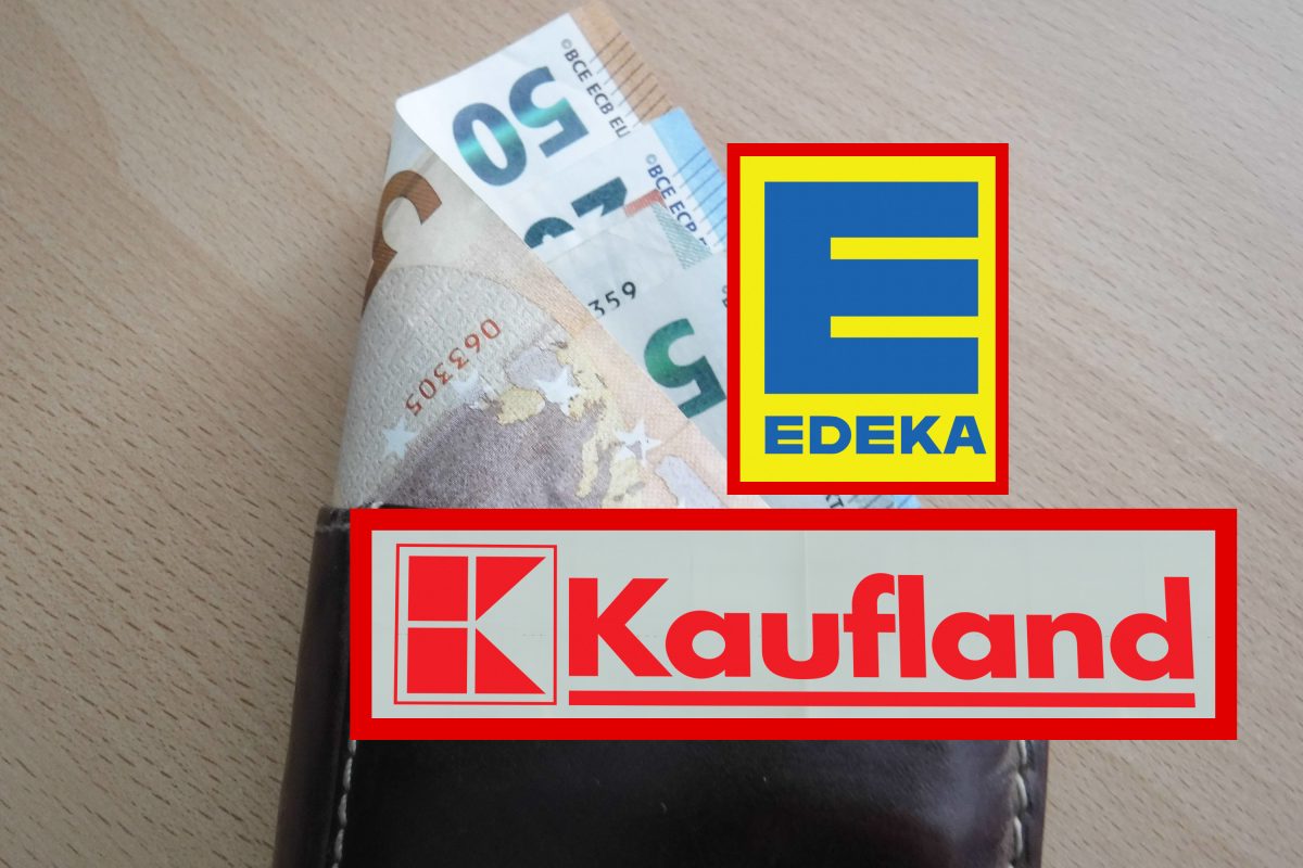 Kaufland- und Edeka-Logo auf Portemonnaie mit Geldscheinen