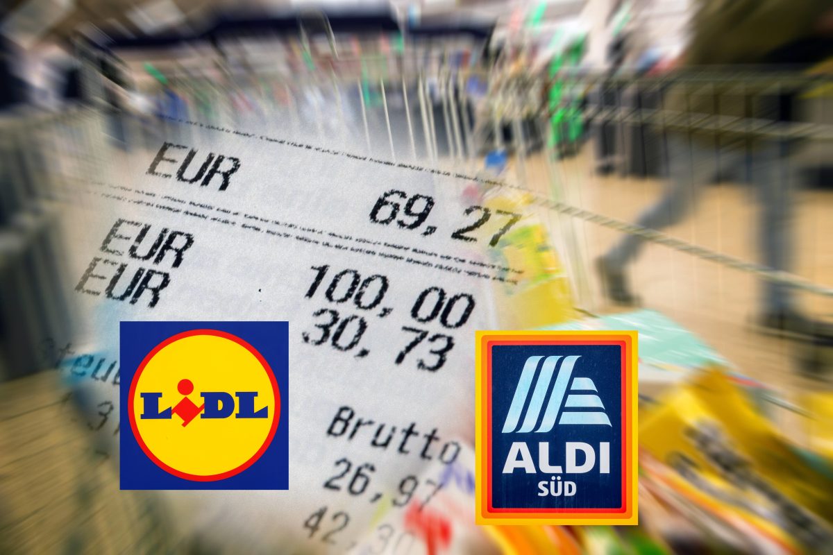 Lidl, Aldi Logos auf Kassenbon vor dem Hintergrund eines Einkaufswagens im Supermarkt