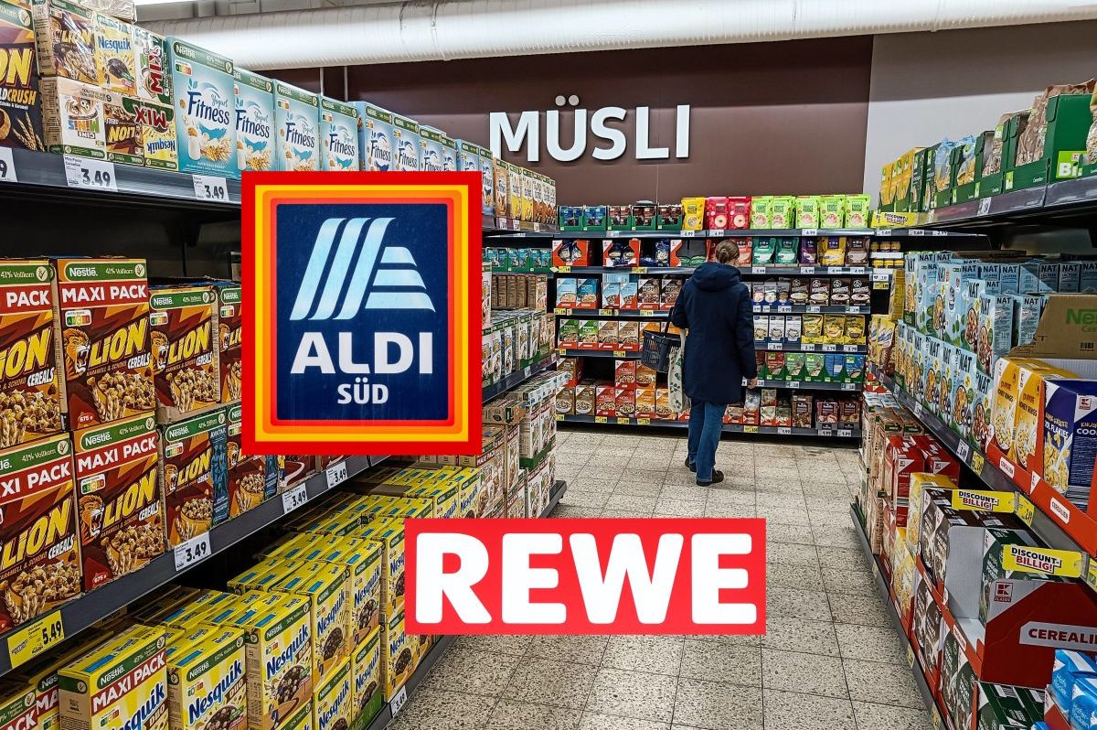 Rewe und Aldi-Logo im Müsli-Gang