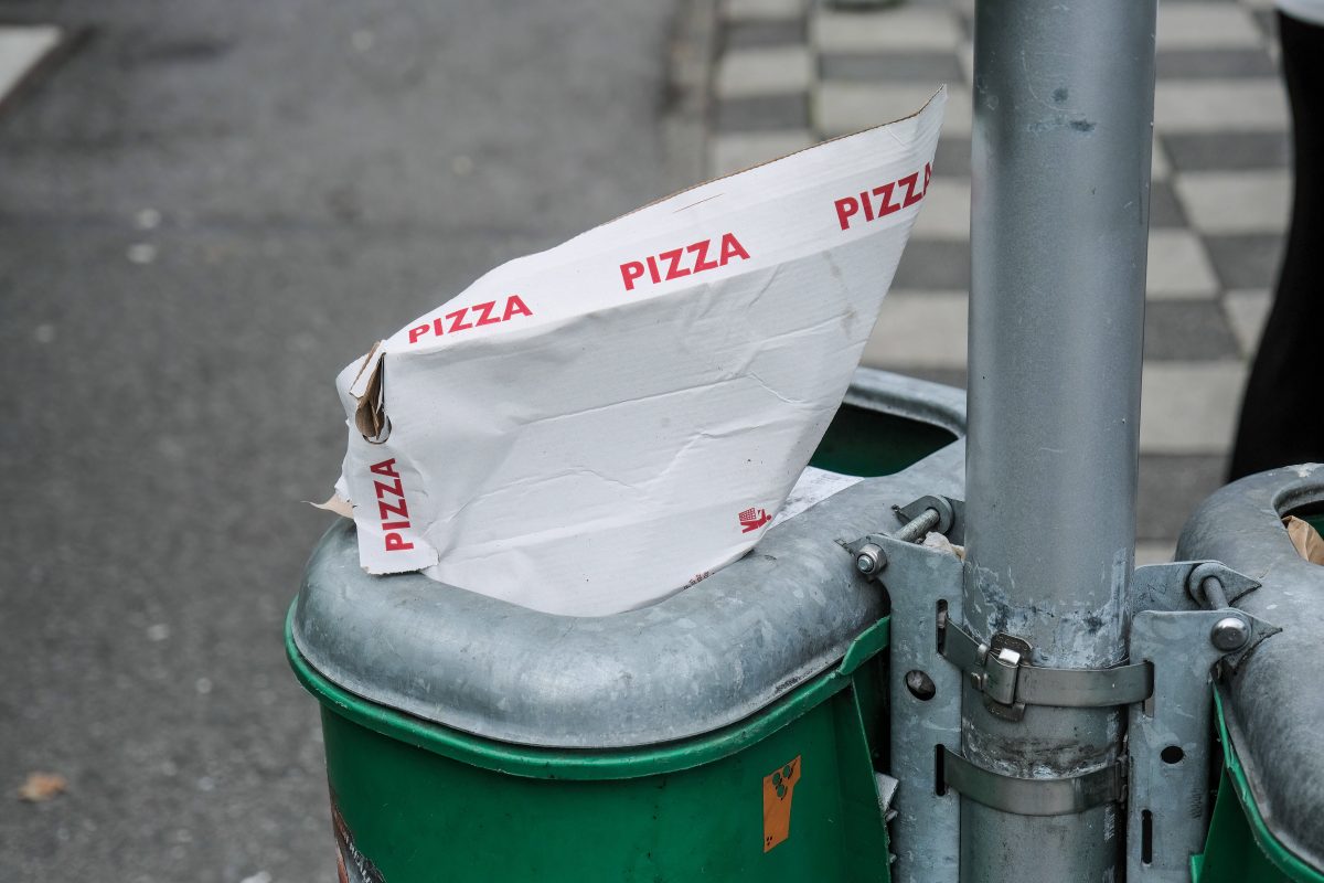 Pizzakarton steckt im Mülleimer
