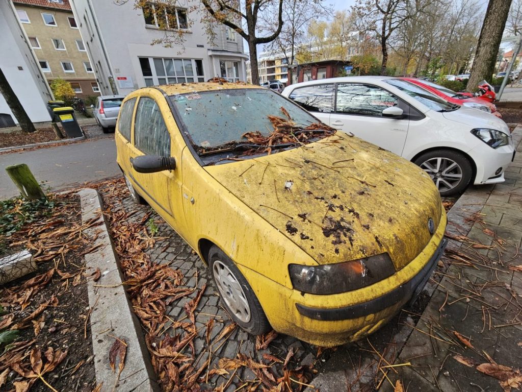 Im Bültenweg in Braunschweig rostet ein quietschgelber Fiat einsam vor sich hin.