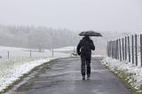 Person mit einem Regenschirm auf einem Feldweg